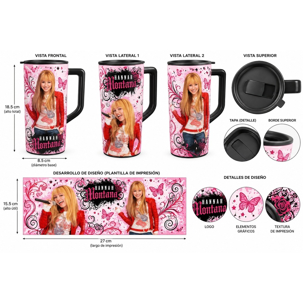 Disney Hannah Montana Travel Mug Pink Black Miley Cyrus Y2K Collectible Cup Lid